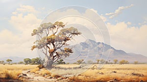 Vintage Oil Painting Of Old Desert Tree Near Mountain - Bob Eggleton, Amedee Ozenfant Style