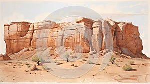 Vintage Oil Painting Of A Sandstone Desert Cliff