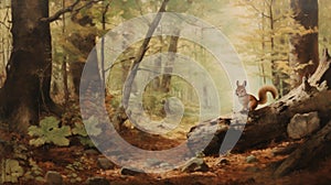 Vintage Oil Painting Of Squirrel In The Woods By Martin Rak And Franciszek Starowieyski photo