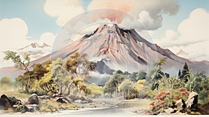 Vintage Oil Painting: Volcano Nature Zoo On White Background