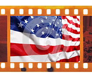 Vintage old 35mm frame photo film with USA flag