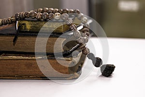 Vintage old books on white table