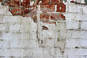 Vintage Old Brick Wall Texture. Grunge Red White Stonewall Background. Distressed Wall Surface. Grungy Wide Brickwall. Shabby Buil