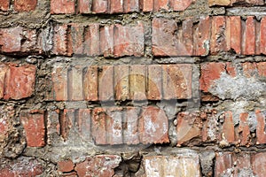 Vintage Old Brick Wall Texture. Grunge Red White Stonewall Background. Distressed Wall Surface. Grungy Wide Brickwall. Shabby Buil