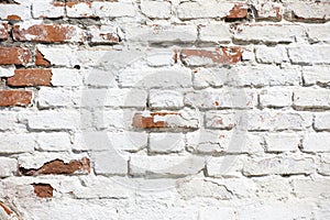 Vintage Old Brick Wall Texture. Grunge Red White Stonewall Horizontal Background. Shabby Building Facade With Damaged Plaster