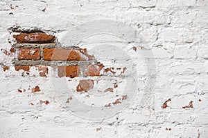 Vintage Old Brick Wall Texture. Grunge Red White Stonewall Horizontal Background. Shabby Building Facade With Damaged Plaster