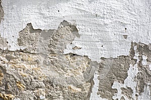 Vintage Old Brick Wall Texture. Grunge Red White Stonewall Horizontal Background. Shabby Building Facade With Damaged Plaster