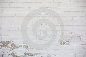 Vintage Old Brick Wall Texture. Grunge Red White Stonewall Horizontal Background. Shabby Building Facade With Damaged Plaster