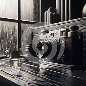 A vintage old camera lying on a shelf, realistic, detailed, monochromatic, cinematic, loneliness, windows, rain