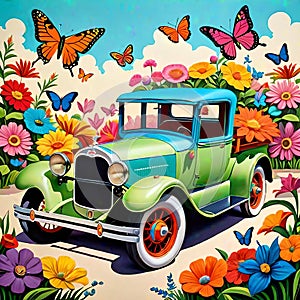 Vintage old car pickup jalopy classic travel natural blossom beauty