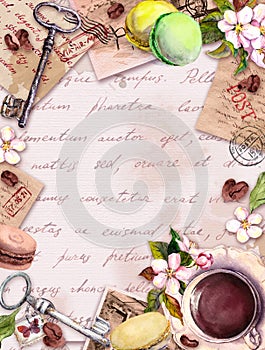 Vintage old card with coffee or tea cup, macaroon cakes, flowers, handwritten text, keys. Retro design in french style