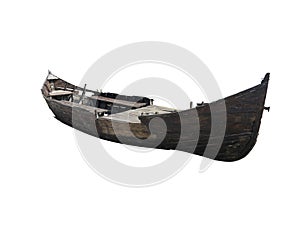 Vintage old damaged boat isolated over white