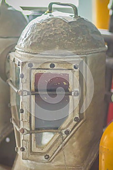 Vintage old diving helmet in brass and steel for deep sea diving