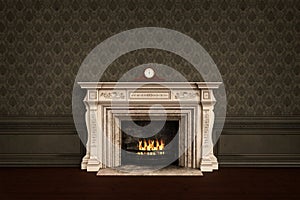 Vintage old fashioned fireplace with carriage clock on the mantelpiece. 3D rendering