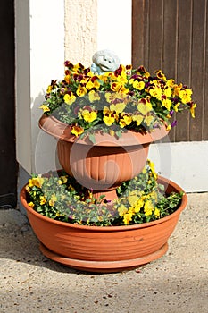 Vintage old garden decoration frog on top of various color Wild pansy flowers growing in two vertical tower orange outdoor flower