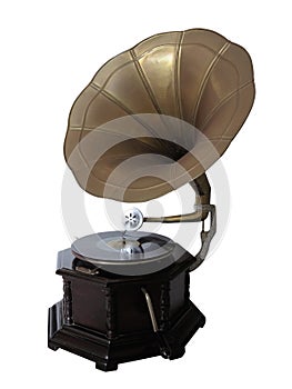 Vintage old gramophone record player isolated over white