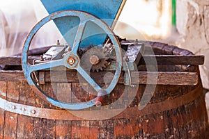 Vintage old grind machine. Homemade ecological wine production