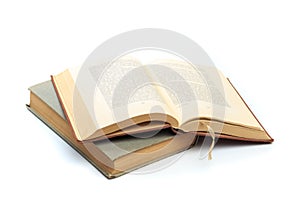 Vintage old hardcover books on white background