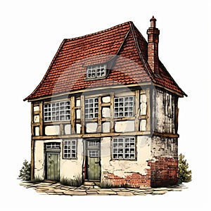 Vintage Old House Illustration In Realistic 15th Century Comic Book Art Style