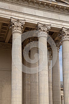 Vintage Old Justice Courthouse Column. Neoclassical colonnade with corinthian columns as part of a public building