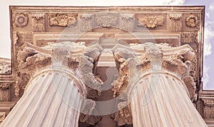 Vintage Old Justice Courthouse Column. Neoclassical colonnade with corinthian columns as part of a public building