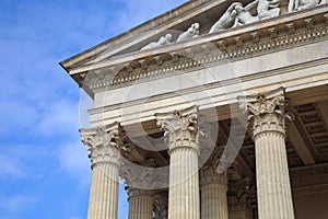 Vintage Old Justice Courthouse Column. Neoclassical colonnade with corinthian columns as part of a public building