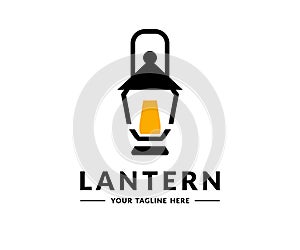 Vintage old lantern lighting logo design. Burning lantern, Glass oil lamp. Storm lantern vector design and illustration.