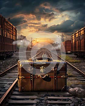 Vintage old luggages sitting on a track