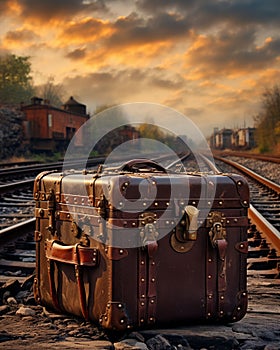 Vintage old luggages sitting on a track