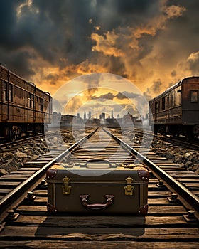 Vintage old luggages sitting on a track