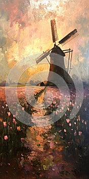 Vintage old master\'s oil painting of a windmill rustic setting sunset golden hour tulip flowerfield,