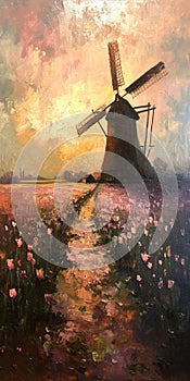 Vintage old master\'s oil painting of a windmill rustic setting sunset golden hour tulip flowerfield, photo