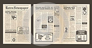 Vintage old newspaper full page, retro spread pages. Retro newsprint page, editorial news and ad posters newspaper