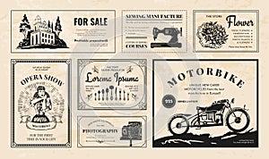 Vintage old newspaper. Retro ad frame. Advertising paper template. Journal texture. Press style for text layout