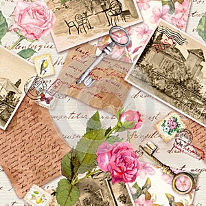 Vintage old paper with hand written letters, photos, stamps, keys, watercolor rose flowers for scrap book. Nostalgic photo
