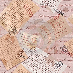 Vintage old paper with hand written letters and postal stamps. Repeating wallpaper for interior design