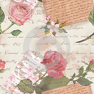 Vintage old paper with hand written letters, watercolor rose flowers for scrap book