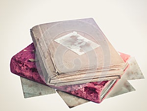 Vintage old photo albums on background