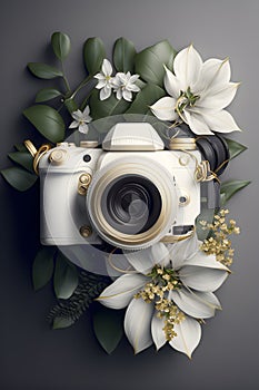 Vintage old photo camera and flower decoration