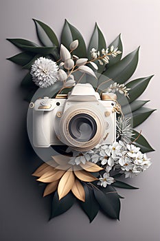 Vintage old photo camera and flower decoration