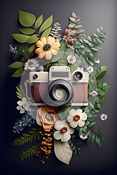 Vintage old photo camera and flower decoration