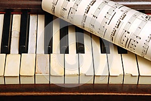 Vintage old Piano and sheet with music notes