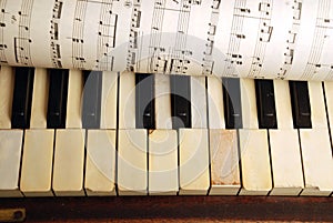 Vintage old Piano and sheet of music notes