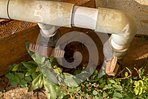 Vintage Old Plastic Water Faucet with PVC Valve - Abandoned Garden with Green Plants - Sunny