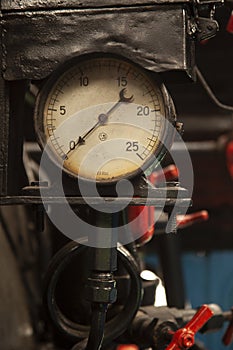 Vintage old pressure gauges. Analog manometer. Industrial, close up , grunge film look