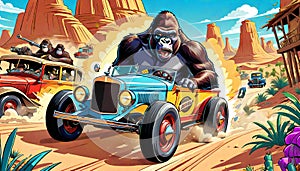 vintage old retro car gorilla ape desert road trip