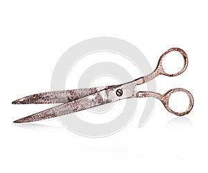 Vintage, old scissors close-up isolated on a white background