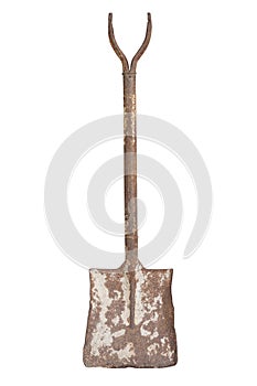 Vintage old shovel with rust isolated on white background.