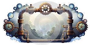 Vintage old steampunk frame with rusty pipes and gears, illustration in grainy style, on a white background. AI