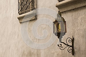 Vintage Old Street Classic Iron Lantern On The House Wall, Close Up